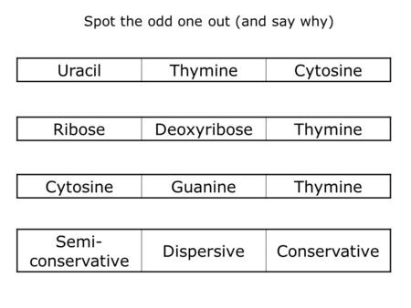 Spot the odd one out (and say why) UracilThymineCytosine RiboseDeoxyriboseThymine CytosineGuanineThymine Semi- conservative DispersiveConservative.