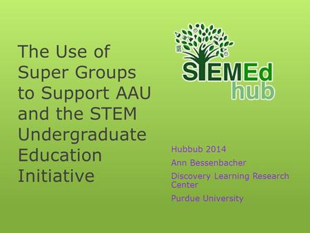 The Use of Super Groups to Support AAU and the STEM Undergraduate Education Initiative Hubbub 2014 Ann Bessenbacher Discovery Learning Research Center.