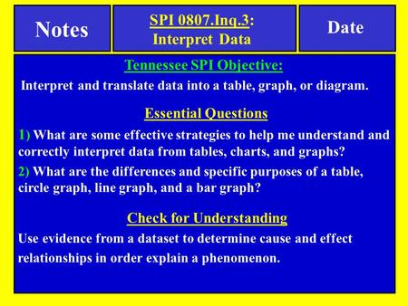 Tennessee SPI Objective: Interpret and translate data into a table, graph, or diagram. Notes Essential Questions 1 ) What are some effective strategies.