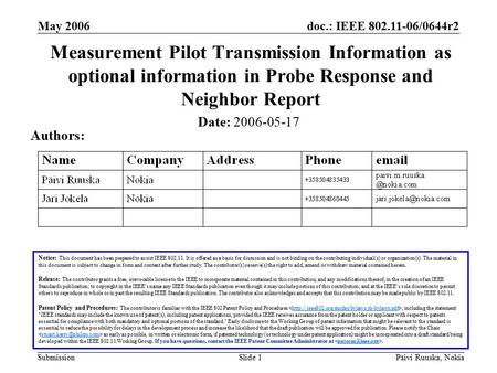 Doc.: IEEE 802.11-06/0644r2 Submission May 2006 Päivi Ruuska, NokiaSlide 1 Measurement Pilot Transmission Information as optional information in Probe.