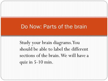 Study your brain diagrams. You should be able to label the different sections of the brain. We will have a quiz in 5-10 min. Do Now: Parts of the brain.
