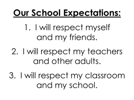 Our School Expectations: 1. I will respect myself and my friends. 2. I will respect my teachers and other adults. 3. I will respect my classroom and my.