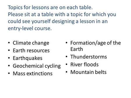 Topics for lessons are on each table. Please sit at a table with a topic for which you could see yourself designing a lesson in an entry-level course.