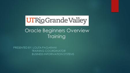 Oracle Beginners Overview Training PRESENTED BY: LOLITA PAGARANI TRAINING COORDINATOR BUSINESS INFORMATION SYSTEMS.