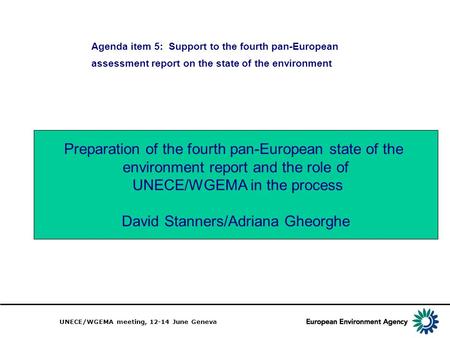 UNECE/WGEMA meeting, 12-14 June Geneva Agenda item 5: Support to the fourth pan-European assessment report on the state of the environment Preparation.