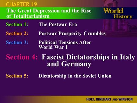 CHAPTER 19 Section 1:The Postwar Era Section 2:Postwar Prosperity Crumbles Section 3:Political Tensions After World War I Section 4: Fascist Dictatorships.
