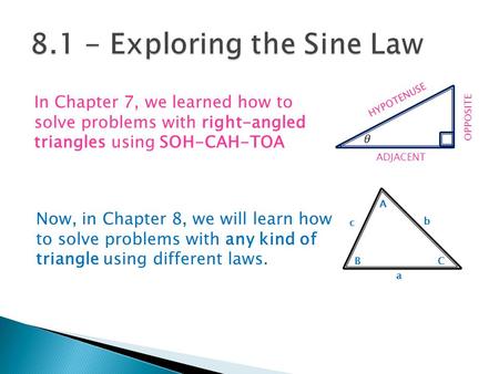 In Chapter 7, we learned how to solve problems with right-angled triangles using SOH-CAH-TOA OPPOSITE ADJACENT HYPOTENUSE Now, in Chapter 8, we will learn.