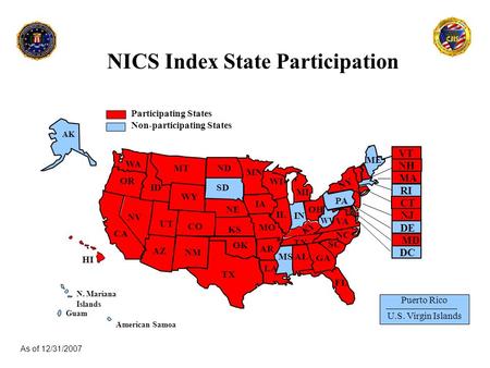 NICS Index State Participation As of 12/31/2007 DC NE NY WI IN NH MD CA NV IL OR TN PA CT ID MT WY ND SD NM KS TX AR OK MN OH WV MSAL KY SC MO ME MA DE.