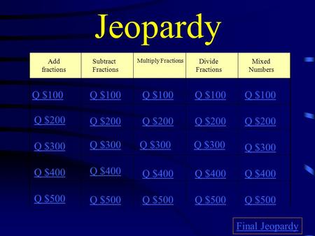 Jeopardy Q $100 Q $200 Q $300 Q $400 Q $500 Q $100 Q $200 Q $300 Q $400 Q $500 Final Jeopardy Add fractions Subtract Fractions Multiply Fractions Divide.