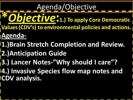 Agenda/Objective * Objective : 1.) To apply Core Democratic Values (CDV’s) to environmental policies and actions. Agenda- 1.)Brain Stretch Completion.