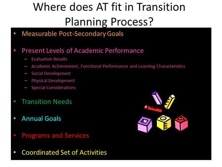 Where does AT fit in Transition Planning Process? Measurable Post-Secondary Goals Present Levels of Academic Performance – Evaluation Results – Academic.