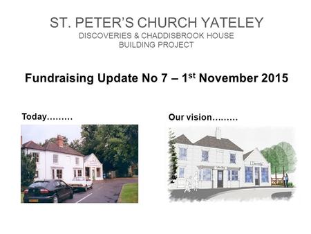 ST. PETER’S CHURCH YATELEY DISCOVERIES & CHADDISBROOK HOUSE BUILDING PROJECT Fundraising Update No 7 – 1 st November 2015 Our vision……… Today………