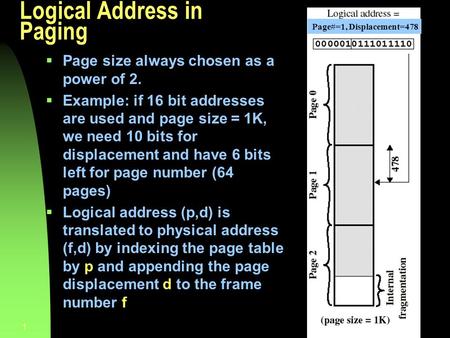 Chapter 91 Logical Address in Paging  Page size always chosen as a power of 2.  Example: if 16 bit addresses are used and page size = 1K, we need 10.