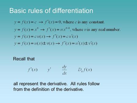 Basic rules of differentiation Recall that all represent the derivative. All rules follow from the definition of the derivative.