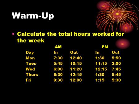 Warm-Up Calculate the total hours worked for the week AM PM DayIn OutIn Out Mon7:30 12:401:30 5:50 Tues5:45 10:1511:15 2:00 Wed6:00 11:2012:15 7:45 Thurs8:30.