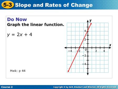 Do Now Graph the linear function. y = 2x + 4 Course 2 5-3 Slope and Rates of Change Hwk: p 44.