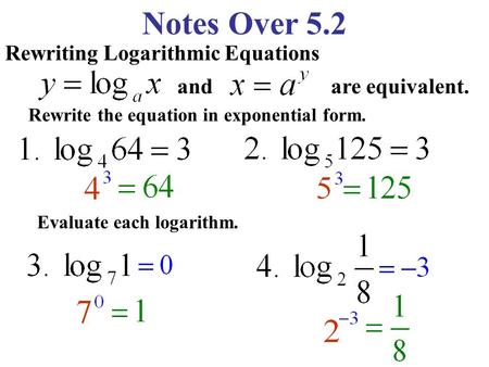 Notes Over 5.2 Rewriting Logarithmic Equations and Rewrite the equation in exponential form. are equivalent. Evaluate each logarithm.