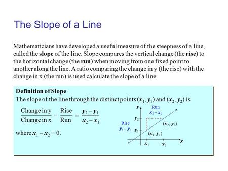 The Slope of a Line Mathematicians have developed a useful measure of the steepness of a line, called the slope of the line. Slope compares the vertical.