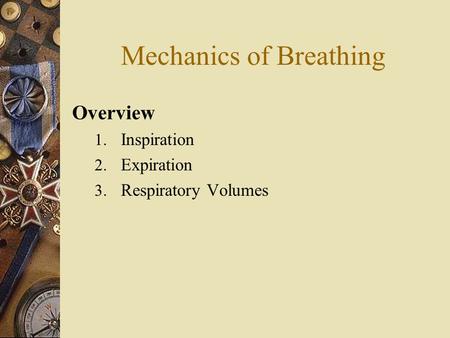 Mechanics of Breathing Overview 1. Inspiration 2. Expiration 3. Respiratory Volumes.