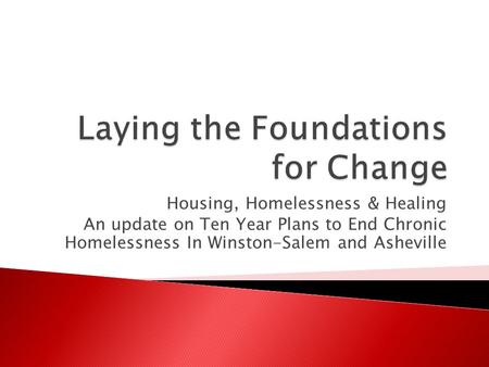 Housing, Homelessness & Healing An update on Ten Year Plans to End Chronic Homelessness In Winston-Salem and Asheville.