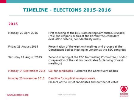 TIMELINE - ELECTIONS 2015-2016 Prof. Panos Vardas 2015 Monday, 27 April 2015First meeting of the ESC Nominating Committee, Brussels (role and responsibilities.
