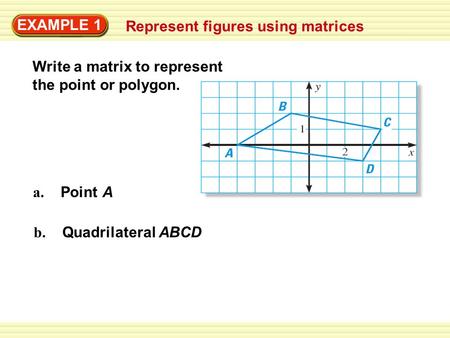 EXAMPLE 1 Represent figures using matrices Write a matrix to represent the point or polygon. a. Point A b. Quadrilateral ABCD.