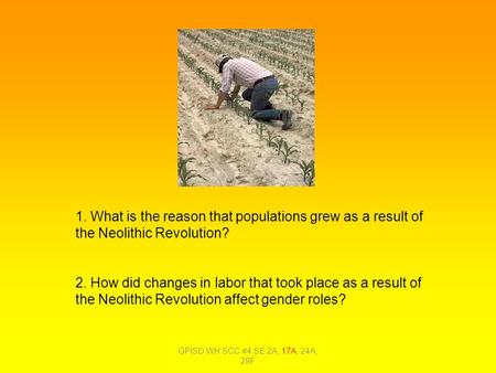 1. What is the reason that populations grew as a result of the Neolithic Revolution? 2. How did changes in labor that took place as a result of the Neolithic.