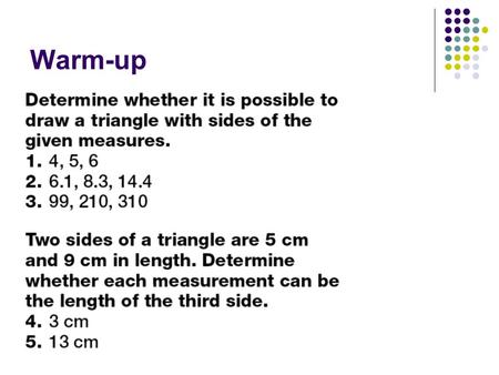 Warm-up. Agenda Homework Review Section 5-6 Thursday – Review (bring books) Friday – Chapter 5 Test.