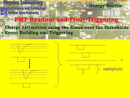 PMT Readout and Floor Triggering Charge estimation using the times over the thresholds Event Building and Triggering + multiplicity George Bourlis.