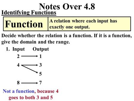 Notes Over 4.8 Identifying Functions A relation where each input has exactly one output. Function Decide whether the relation is a function. If it is.