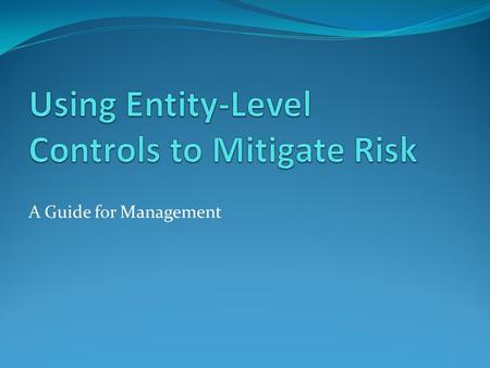 A Guide for Management. Overview Benefits of entity-level controls Nature of entity-level controls Types of entity-level controls, control objectives,
