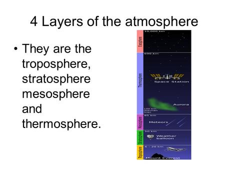 4 Layers of the atmosphere They are the troposphere, stratosphere mesosphere and thermosphere.