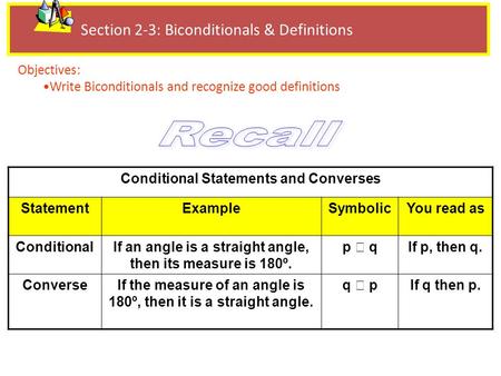 Recall Section 2-3: Biconditionals & Definitions Objectives: