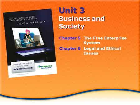 Unit 3 Business and Society Chapter 5The Free Enterprise System Chapter 6 Legal and Ethical Issues.