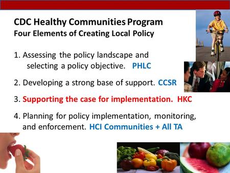 CDC Healthy Communities Program Four Elements of Creating Local Policy 1. Assessing the policy landscape and selecting a policy objective. PHLC 2. Developing.