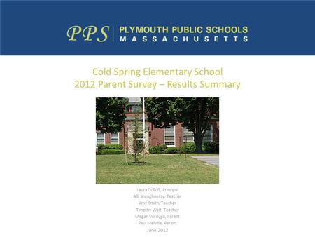 Cold Spring Elementary School 2012 Parent Survey – Results Summary Laura Dolloff, Principal Alli Shaughnessy, Teacher Amy Smith, Teacher Timothy Walt,