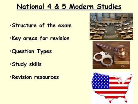 National 4 & 5 Modern Studies Structure of the exam Key areas for revision Question Types Study skills Revision resources.