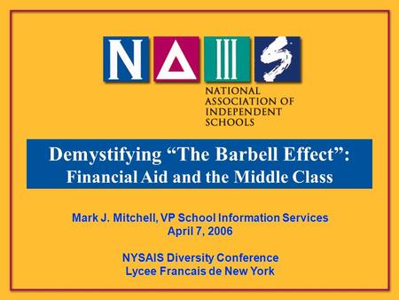 Demystifying “The Barbell Effect”: Financial Aid and the Middle Class Mark J. Mitchell, VP School Information Services April 7, 2006 NYSAIS Diversity Conference.