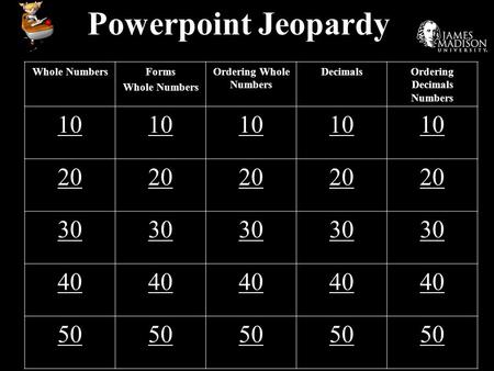 Powerpoint Jeopardy Whole NumbersForms Whole Numbers Ordering Whole Numbers DecimalsOrdering Decimals Numbers 10 20 30 40 50.