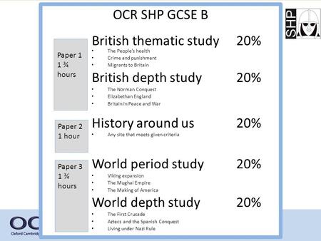 OCR SHP GCSE B British thematic study20% The People’s health Crime and punishment Migrants to Britain British depth study20% The Norman Conquest Elizabethan.