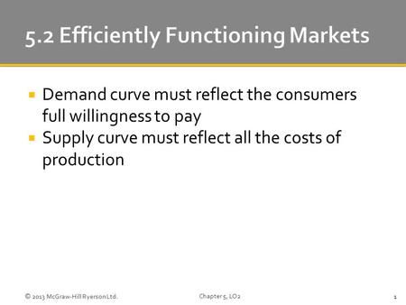  Demand curve must reflect the consumers full willingness to pay  Supply curve must reflect all the costs of production © 2013 McGraw-Hill Ryerson Ltd.