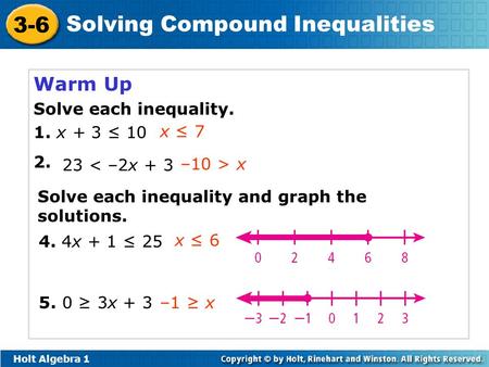 Warm Up Solve Each Inequality 1 X 3 X 7 23 2x Ppt Video