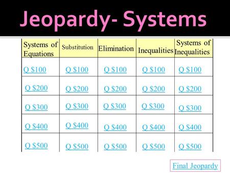 Systems of Equations Substitution Elimination Inequalities Systems of Inequalities Q $100 Q $200 Q $300 Q $400 Q $500 Q $100 Q $200 Q $300 Q $400 Q $500.