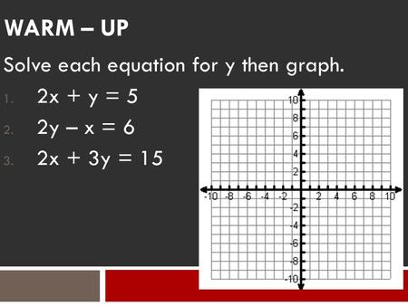 Warm – up Solve each equation for y then graph. 2x + y = 5 2y – x = 6