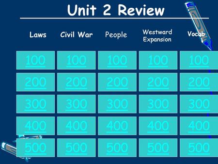 Unit 2 Review LawsCivil WarPeople 100 200 300 400 500 100 200 300 400 500 100 200 300 400 500 100 200 300 400 500 100 200 300 400 500 Vocab Westward Expansion.