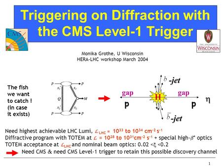 1 Triggering on Diffraction with the CMS Level-1 Trigger Monika Grothe, U Wisconsin HERA-LHC workshop March 2004 Need highest achievable LHC Lumi, L LHC.