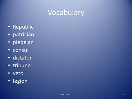 Vocabulary Republic patrician plebeian consul dictator tribune veto