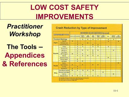 11-1 LOW COST SAFETY IMPROVEMENTS Practitioner Workshop The Tools – Appendices & References.