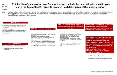 Put the title of your poster here. Be sure that you include the population involved in your study, the type of health care site involved, and description.