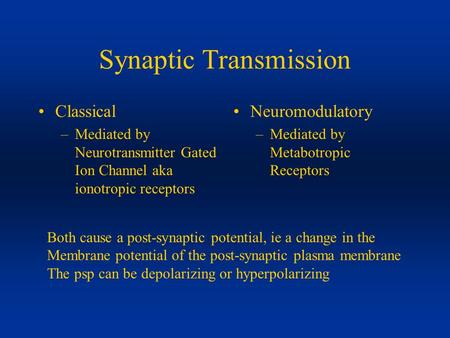 Synaptic Transmission Classical –Mediated by Neurotransmitter Gated Ion Channel aka ionotropic receptors Neuromodulatory –Mediated by Metabotropic Receptors.